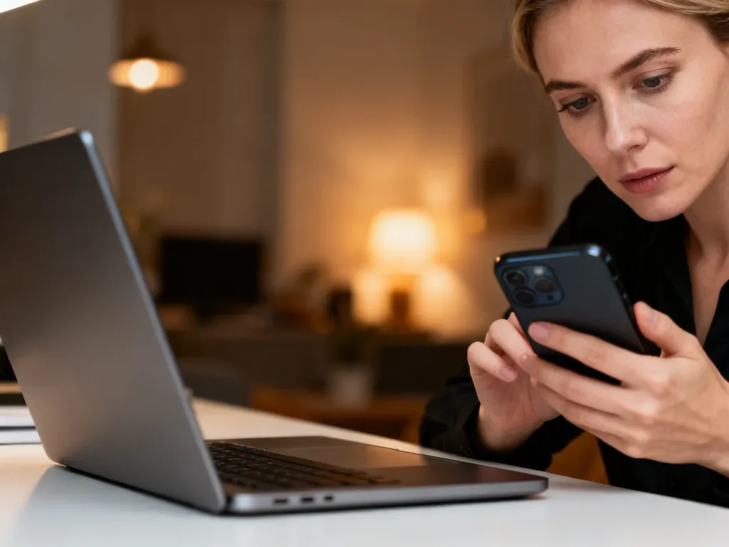 Kobieta skupiona na ekranie smartfona w przytulnym domowym biurze, korzystająca z bankowości internetowej.