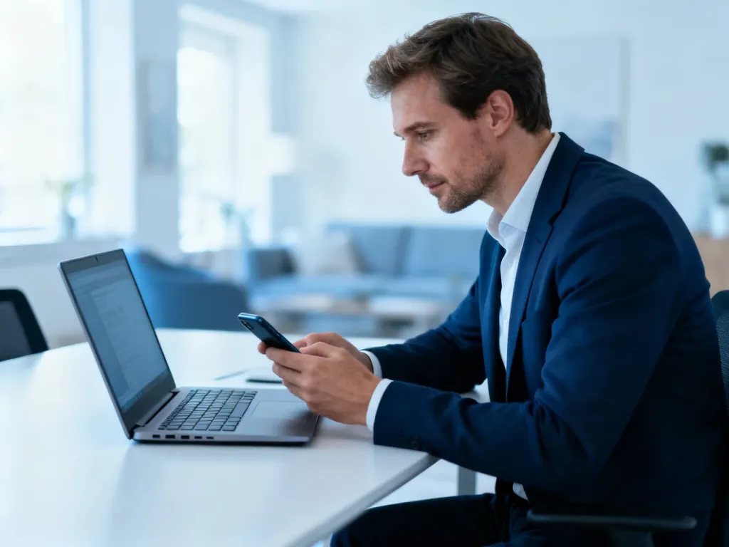 Mężczyzna przy biurku korzystający z laptopa i smartfona w nowoczesnym biurze domowym.