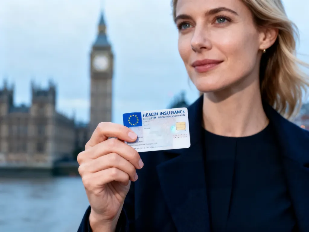 Kobieta trzymająca kartę EKUZ na tle londyńskiego Big Bena, ilustrująca zasady korzystania z opieki zdrowotnej w UK.