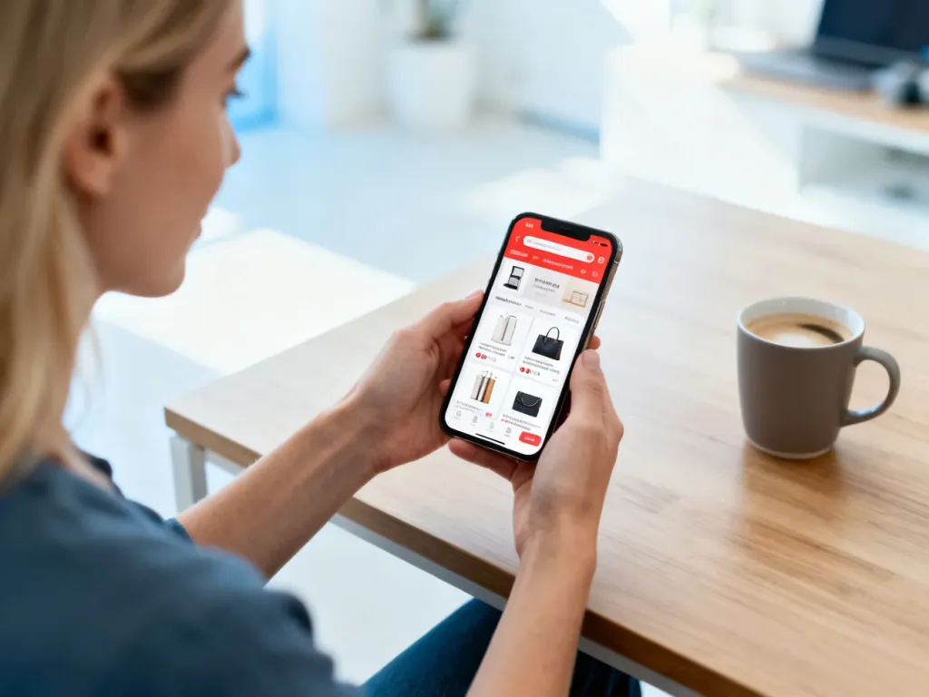 Kobieta przeglądająca ofertę sklepu internetowego na smartfonie w nowoczesnym domowym biurze.