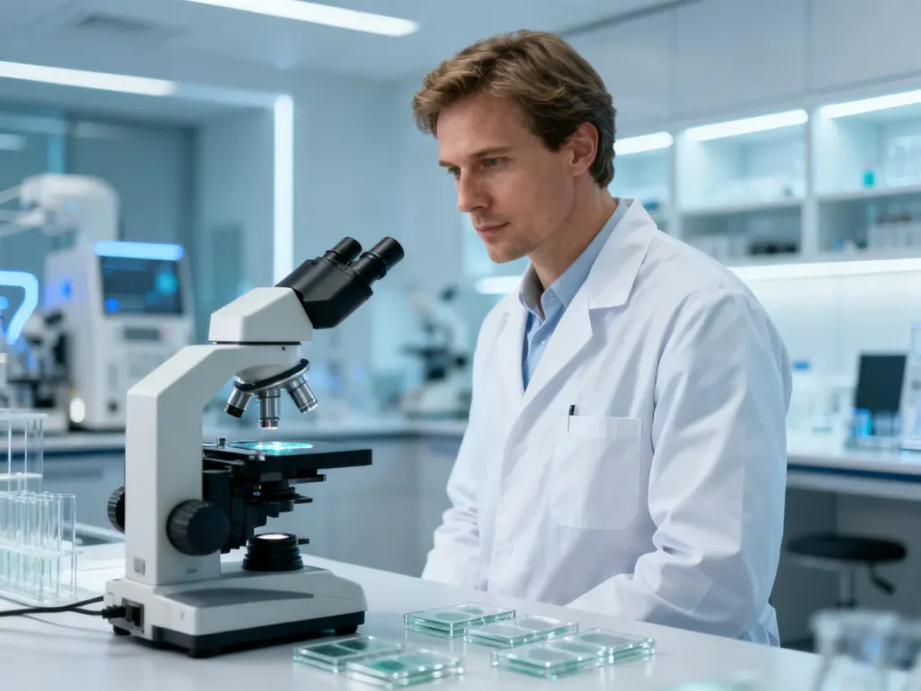Lekarz w białym kitlu pracujący w nowoczesnym laboratorium medycznym przy użyciu mikroskopu.