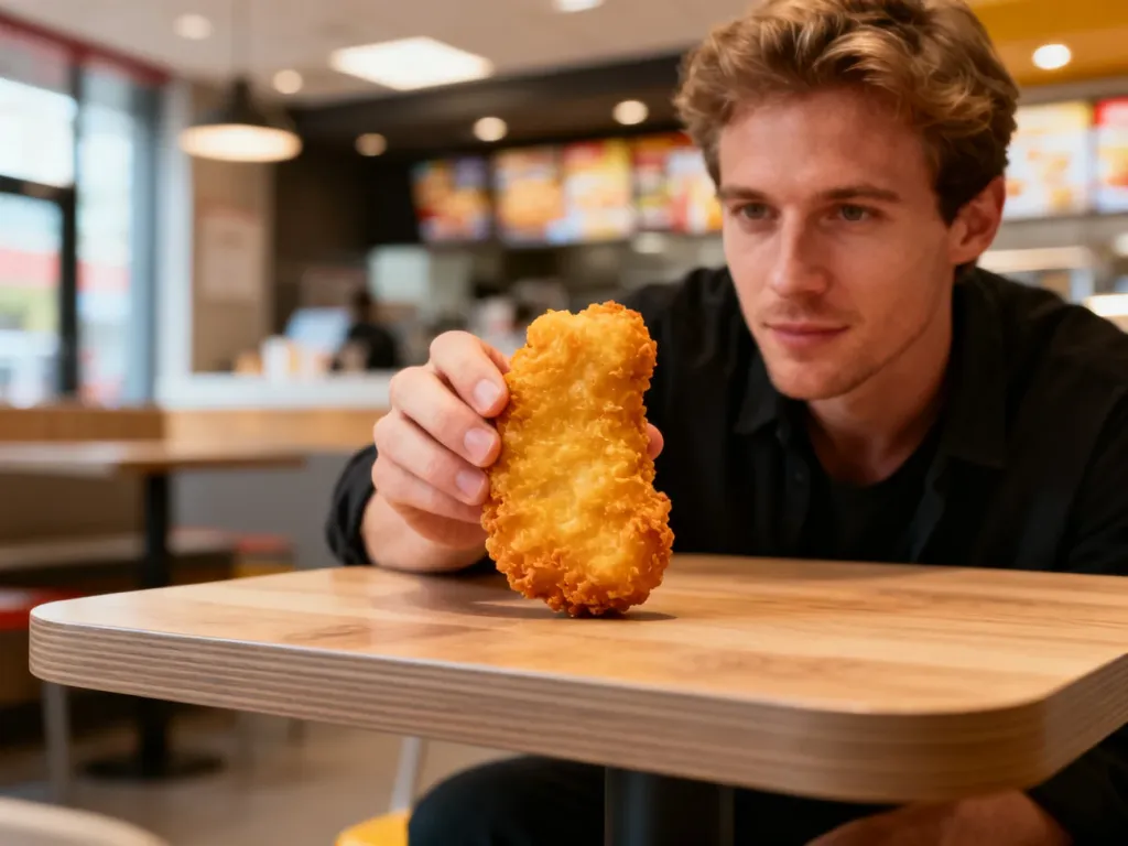 Złocisty, chrupiący nugget z kurczaka trzymany w dłoni na tle wnętrza restauracji McDonald’s.
