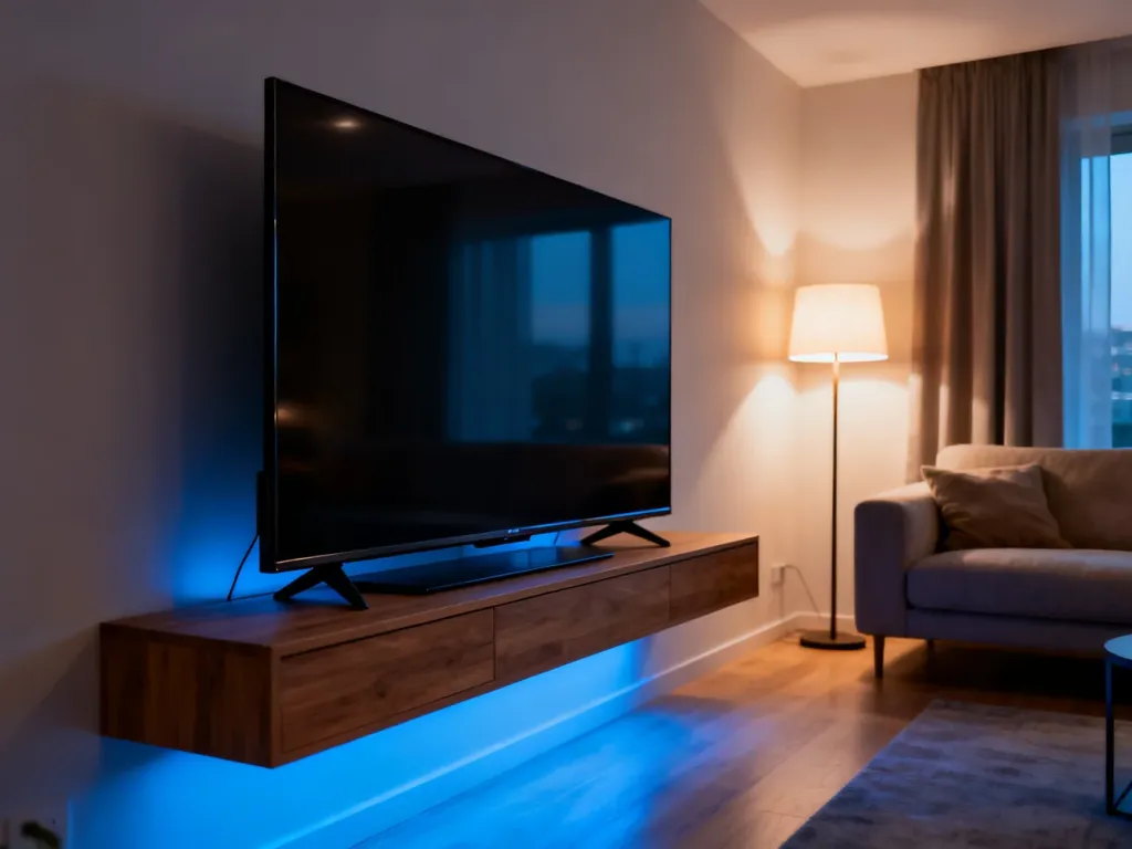 Nowoczesny telewizor TCL 4K zamontowany na minimalistycznej ścianie w przytulnym salonie.