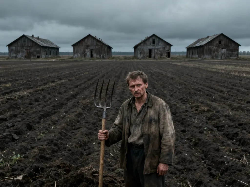 Mężczyzna z widłami na tle zniszczonych zabudowań gospodarczych w radzieckim kołchozie pod pochmurnym niebem.