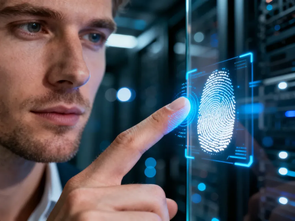 Mężczyzna przykłada palec do futurystycznego interfejsu, ilustrując proces uwierzytelniania biometrycznego.