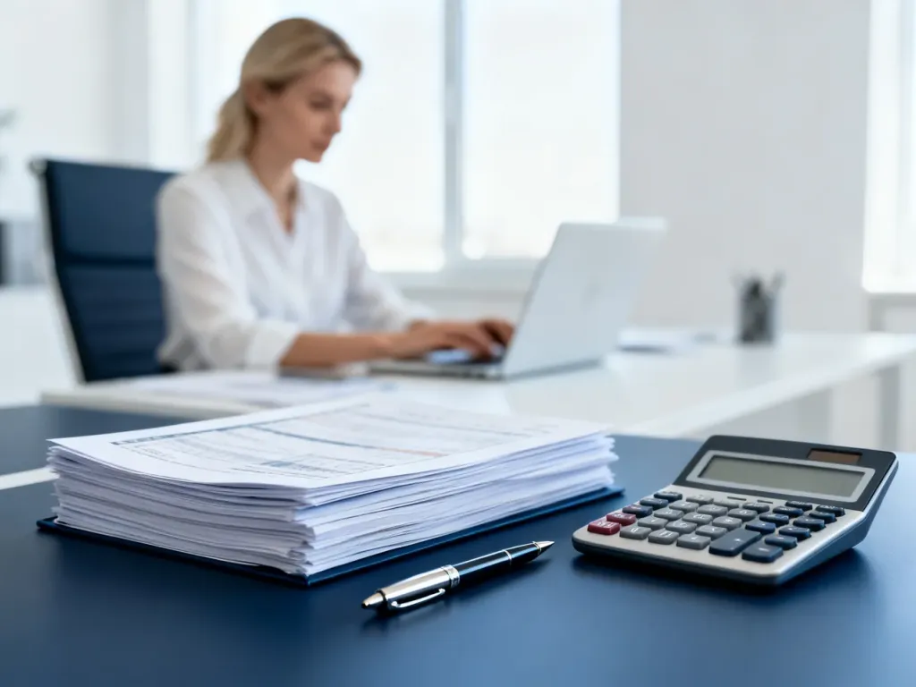 Profesjonalne biurko z dokumentami finansowymi i kalkulatorem, w tle pracownica biurowa przy laptopie.