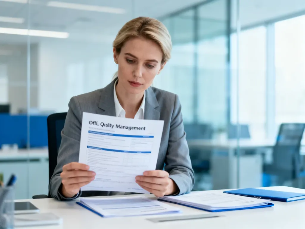 Skupiona bizneswoman przeglądająca dokumenty dotyczące zarządzania jakością w nowoczesnym biurze.