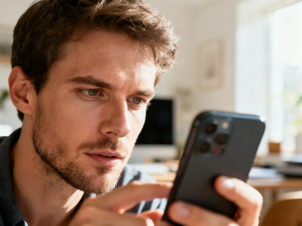 Mężczyzna skupiony na ekranie smartfona w domowym biurze, korzystający z aplikacji mobilnej.
